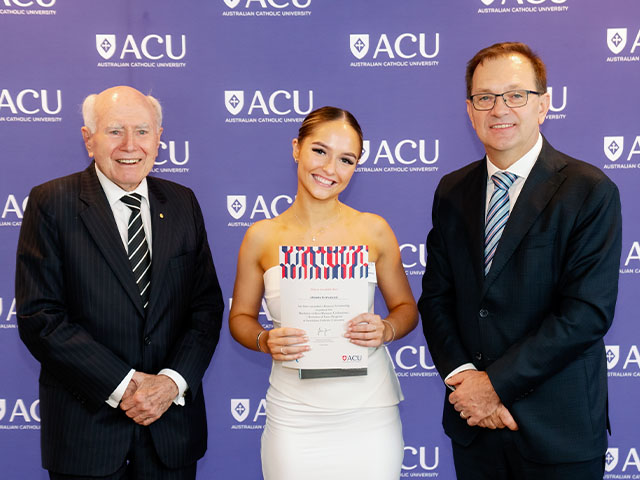 ACU Ramsay Scholar with Ramsay Chairman the Hon John Howard OM AC and ACU Vice-Chancellor and President Professor Zlatko Skrbis